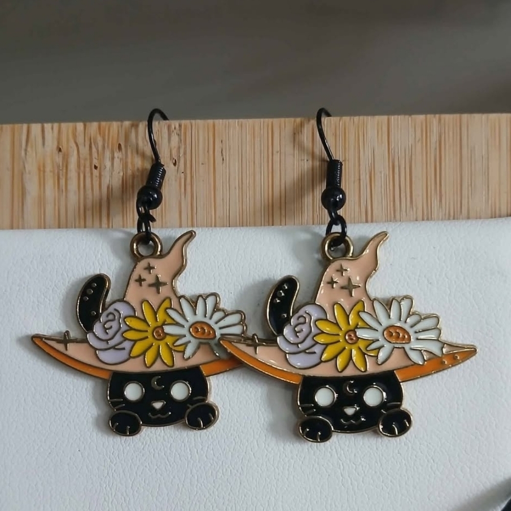 3/$8 Witchy Cat Jewlery Set Necklace Womens Girls Teen Halloween Flower Hat
